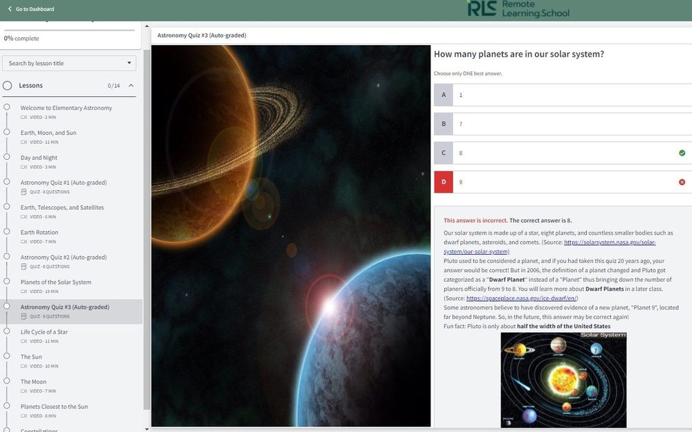 An auto-graded astronomy quiz showing the correct answer with an explanation