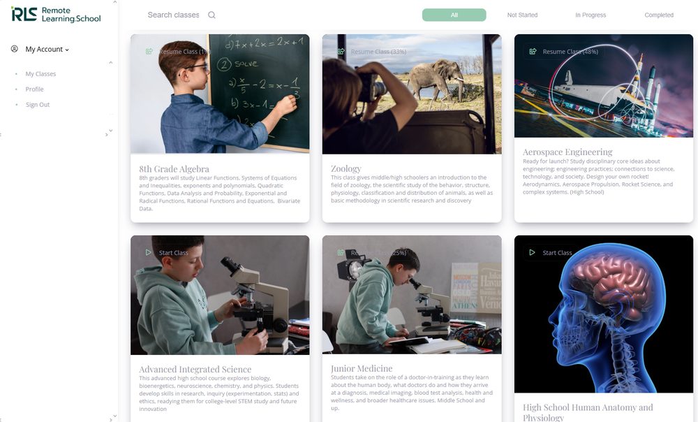 A Homeschool Pro student dashboard listing classes with progress on each