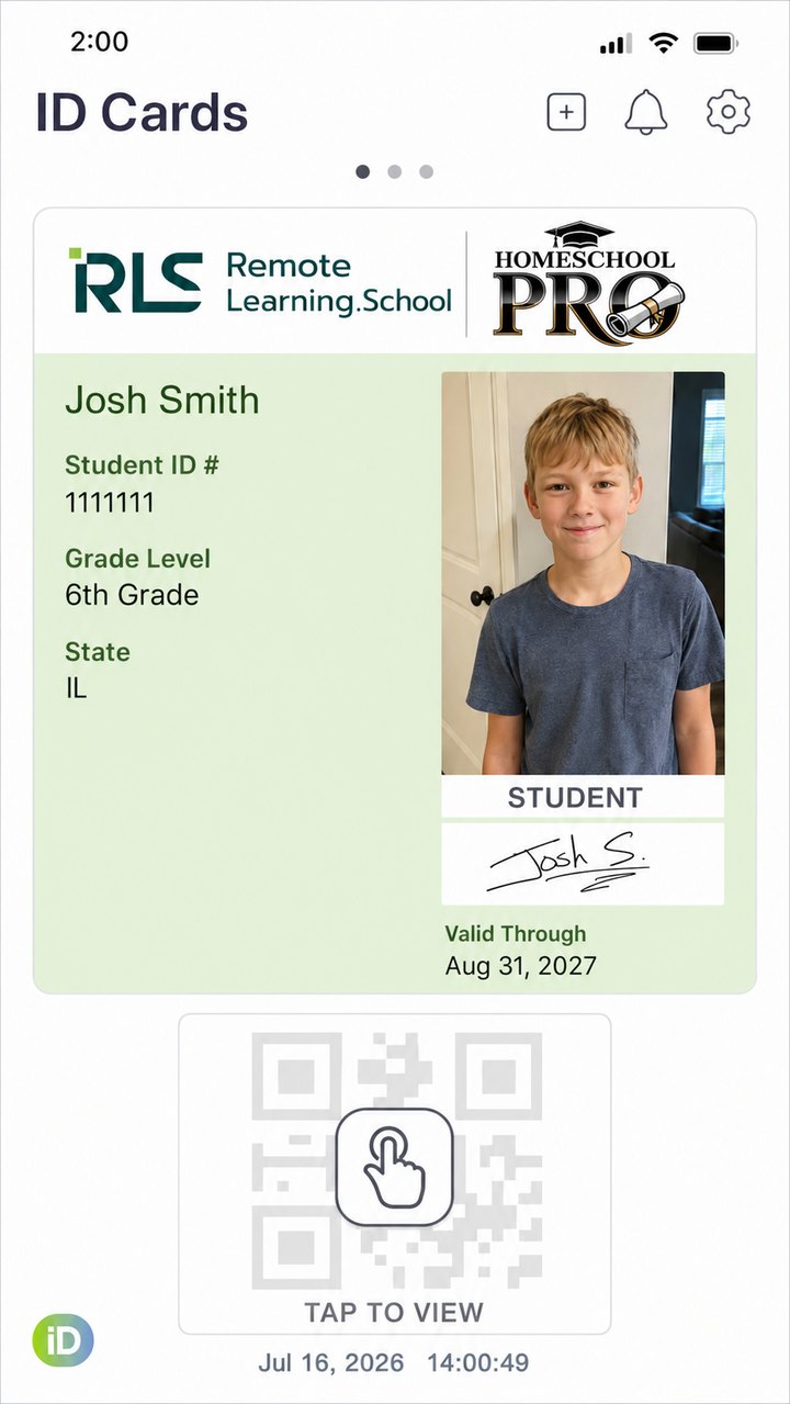 The Homeschool Pro student ID card shown in the ID Cards mobile app: student name, ID number, grade level, state, photo, signature, valid-through date and a QR code