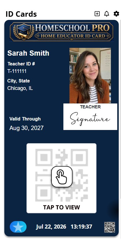 The Homeschool Pro home educator ID card shown in the ID Cards mobile app: teacher name, ID number, city and state, photo, signature, valid-through date and a QR code